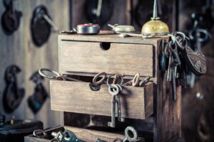 Vintage locksmiths workshop with locks and tools. Ancient locksmiths workshop.