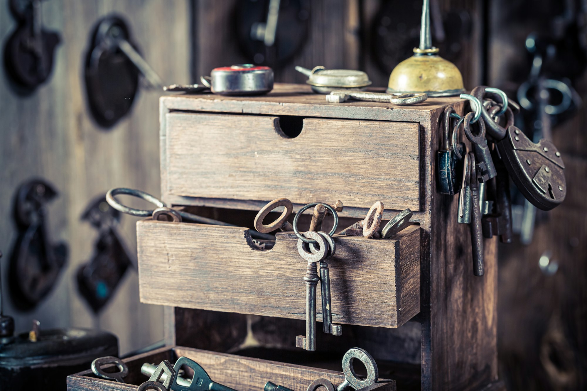 Vintage locksmiths workshop with locks and tools. Ancient locksmiths workshop.